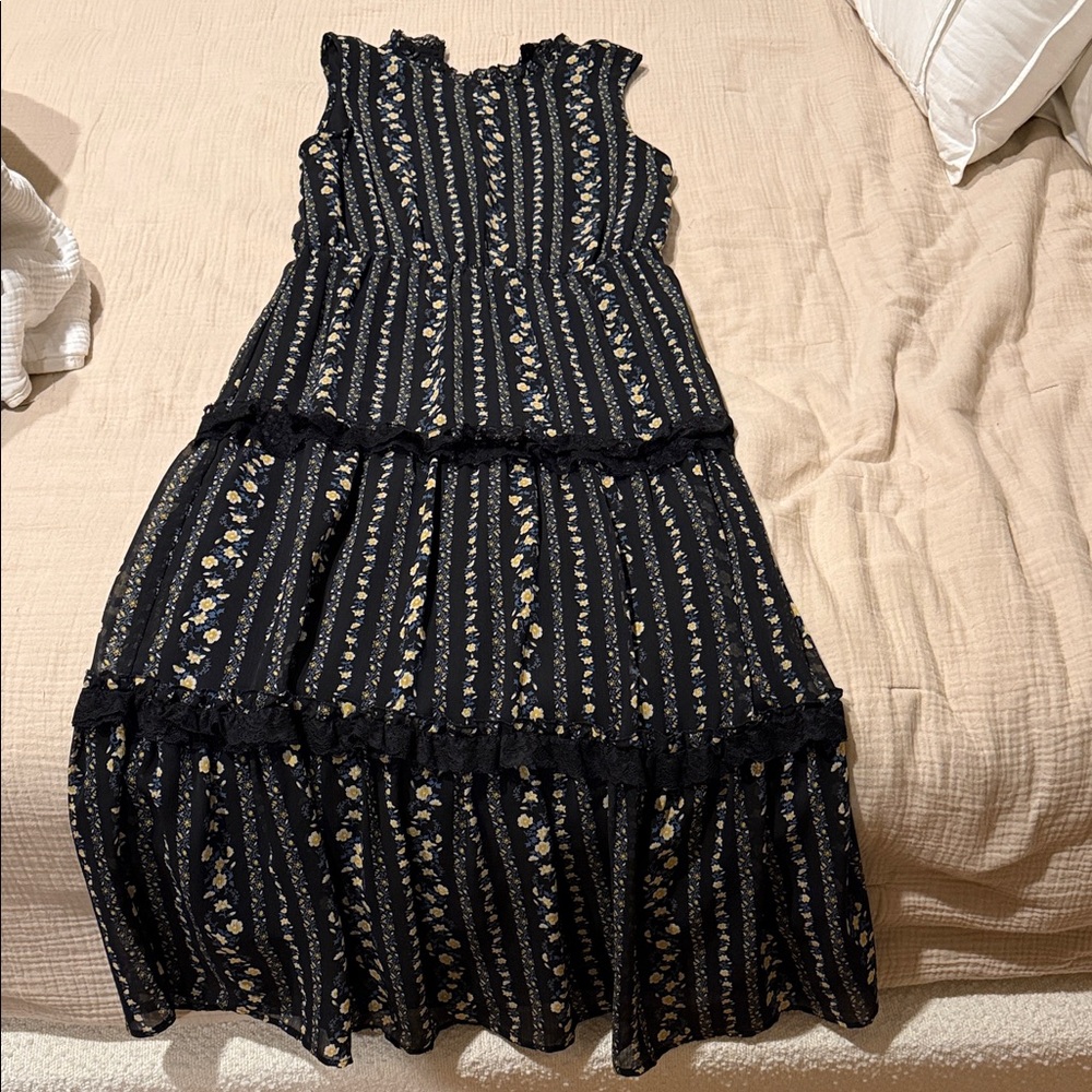 Moon River Black Dress with Floral Pattern & Lace Detail